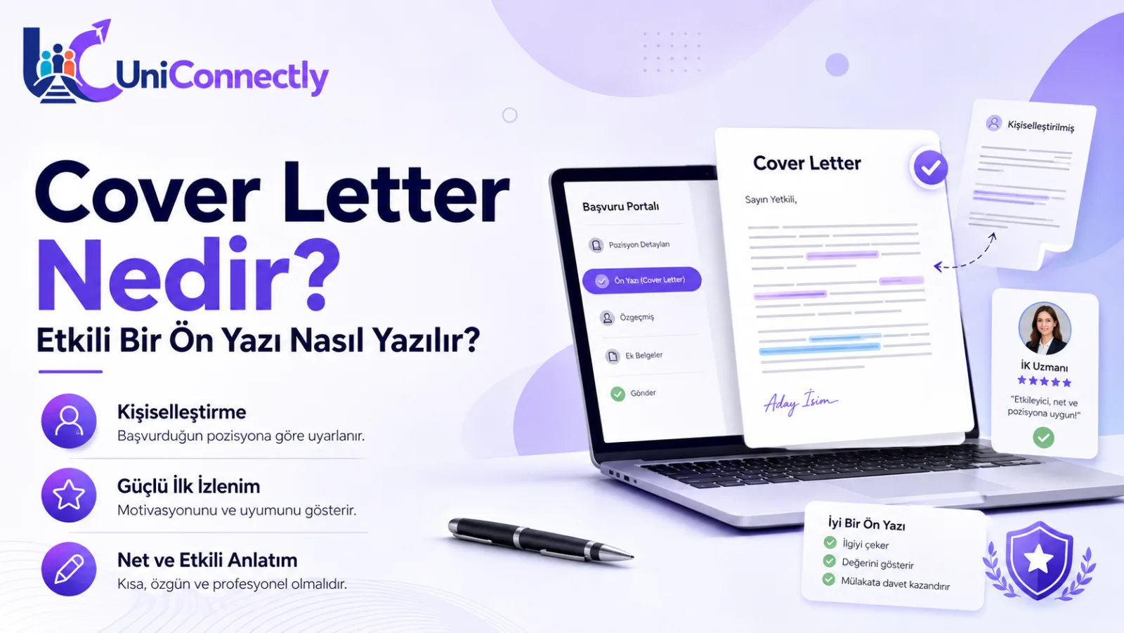 Cover Letter Nedir? Etkili Bir Ön Yazı Nasıl Yazılır?: Kariyer rehberi için UniConnectly kapak görseli. Cover Letter Nedir? Etkili Bir Ön Yazı Nasıl Yazılır? başlıklı kariyer konulu UniConnectly blog kapağı: Cover letter (ön yazı), CV’nin söyleyemediğini anlatan…