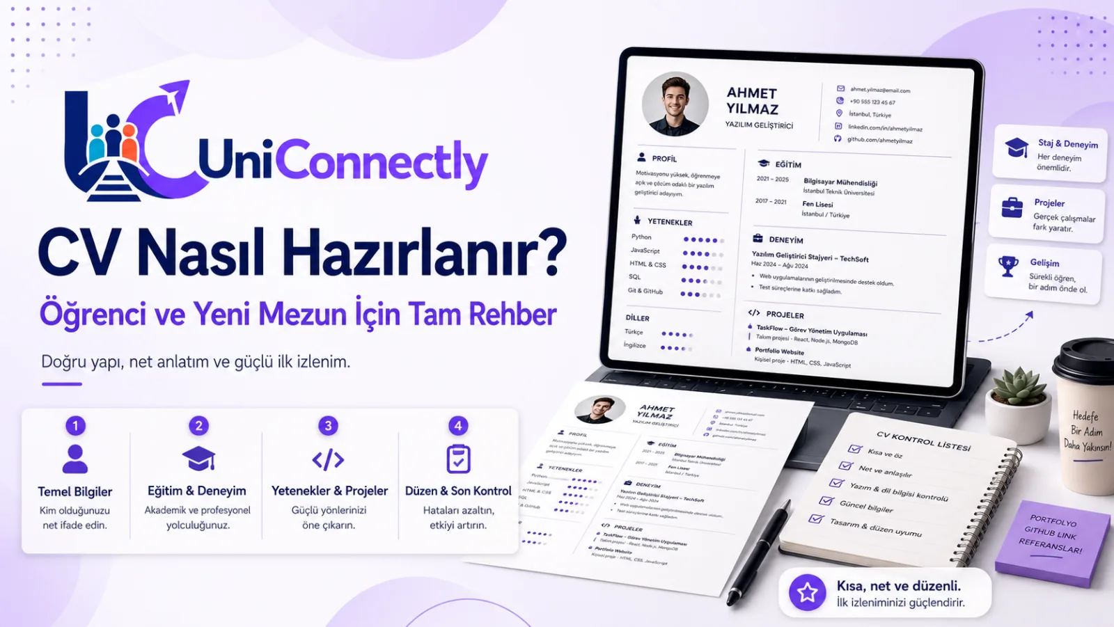 CV Nasıl Hazırlanır? Öğrenci ve Yeni Mezun İçin Tam Rehber: Kariyer rehberi için UniConnectly kapak görseli. CV Nasıl Hazırlanır? Öğrenci ve Yeni Mezun İçin Tam Rehber başlıklı kariyer konulu UniConnectly blog kapağı: Bölüm bölüm yapı, görev tanımı yerine sonuç…