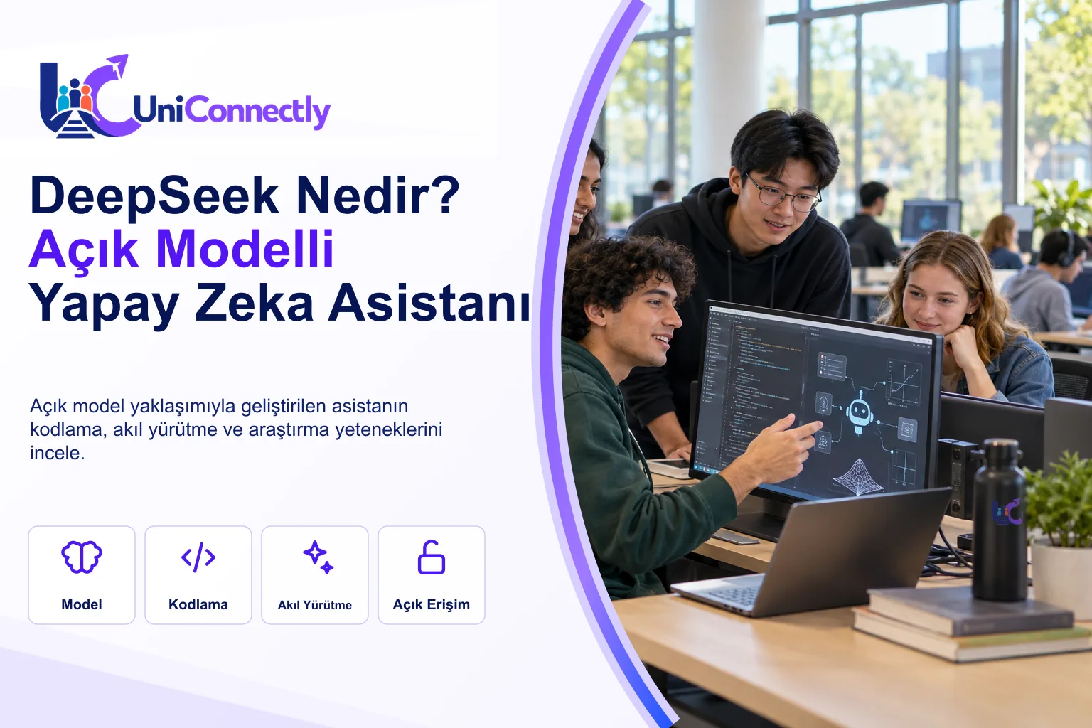 DeepSeek Nedir · DeepSeek kapak görseli: monitördeki yapay zeka arayüzünü birlikte tartışan dört öğrenci. DeepSeek Nedir · DeepSeek kapak görseli: monitördeki yapay zeka arayüzünü birlikte tartışan dört öğrenci