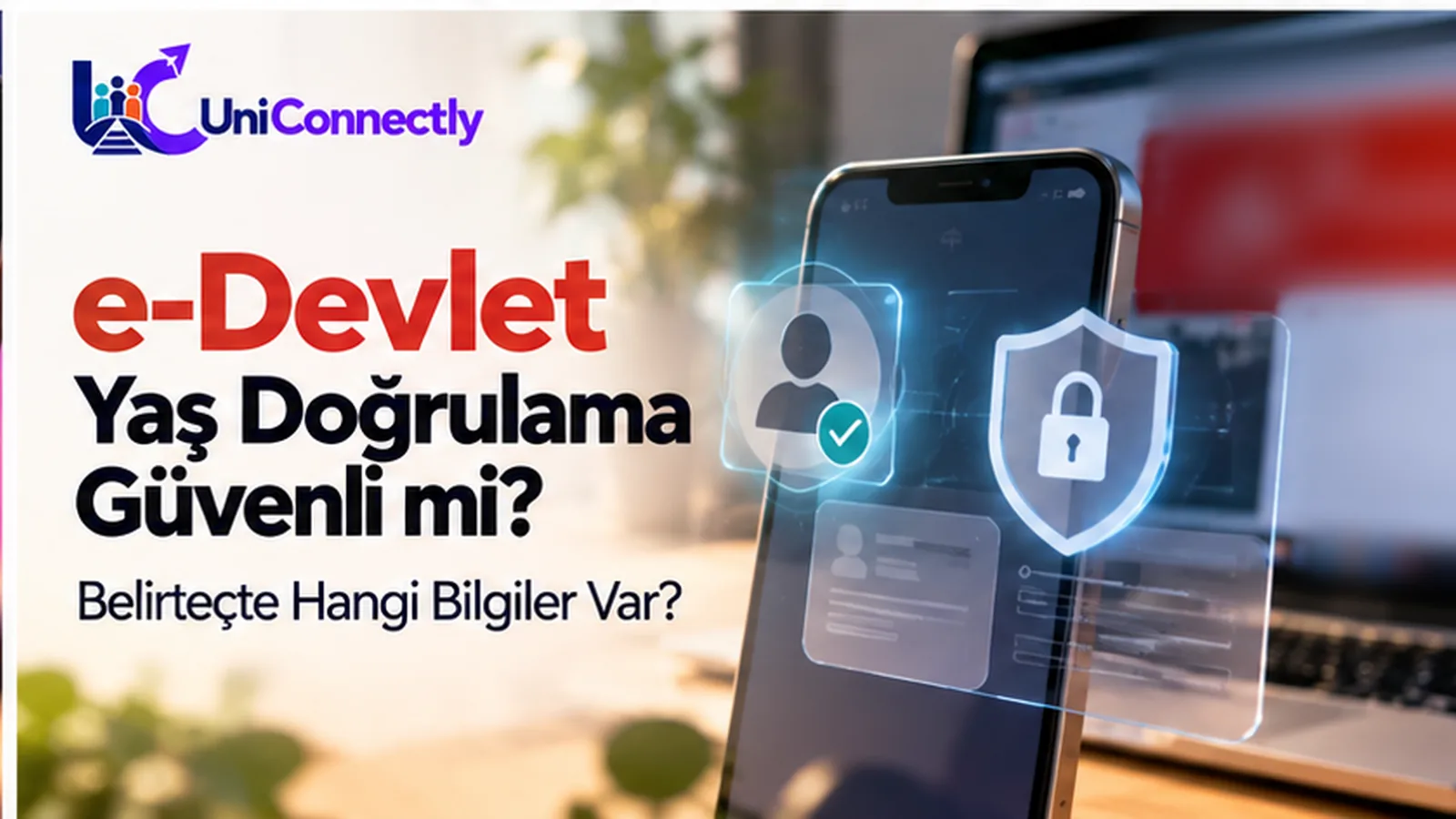 e-Devlet yaş doğrulama güvenli mi kapak görseli: telefonun önünde onaylı kişi simgesi ve kilitli güvenlik kalkanı. e-Devlet yaş doğrulama güvenli mi kapak görseli: telefonun önünde onaylı kişi simgesi ve kilitli güvenlik kalkanı