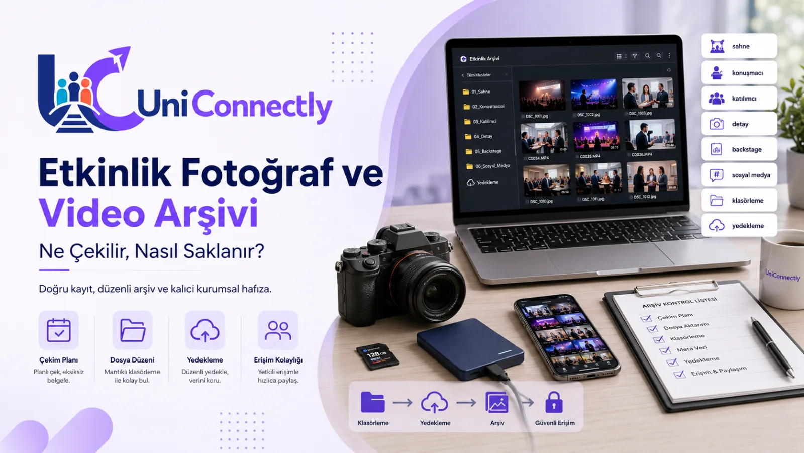 Etkinlik Fotoğraf ve Video Arşivi: Ne Çekilir, Nasıl Saklanır?: Etkinlik rehberi için UniConnectly kapak görseli. Etkinlik Fotoğraf ve Video Arşivi: Ne Çekilir, Nasıl Saklanır? başlıklı etkinlik konulu UniConnectly blog kapağı: Çekim listesi, etkinlik günü hangi anda ne…