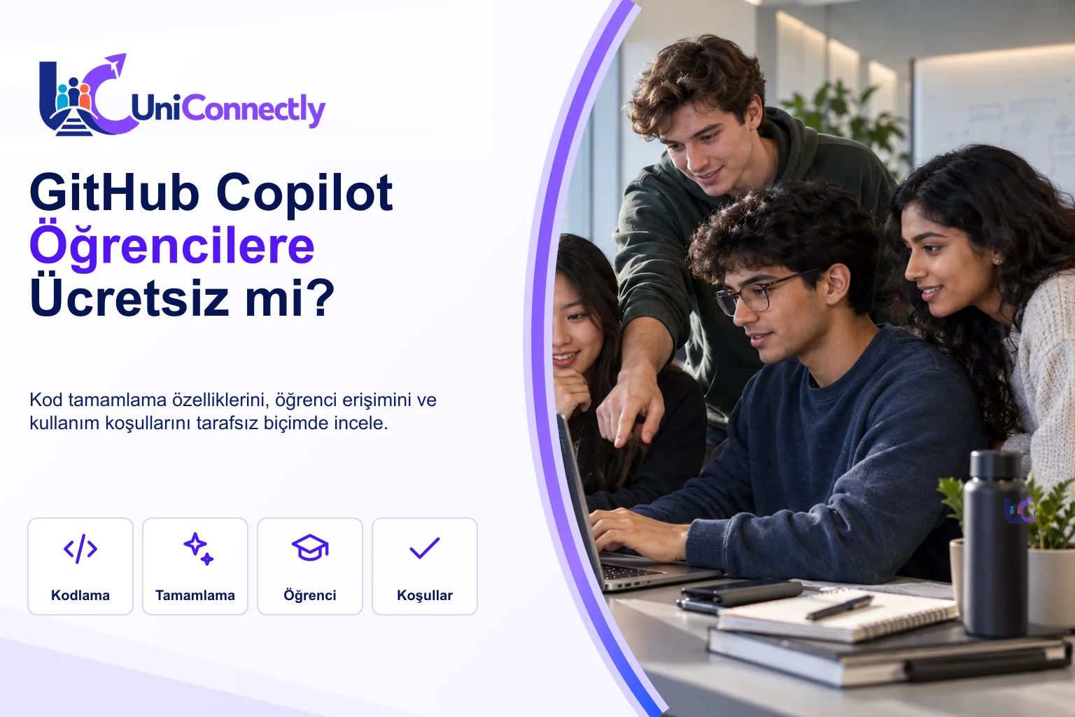GitHub Copilot Nedir · GitHub Copilot kapak görseli: dizüstünde kod yazan öğrenciye ekranı gösteren arkadaşları. GitHub Copilot Nedir · GitHub Copilot kapak görseli: dizüstünde kod yazan öğrenciye ekranı gösteren arkadaşları