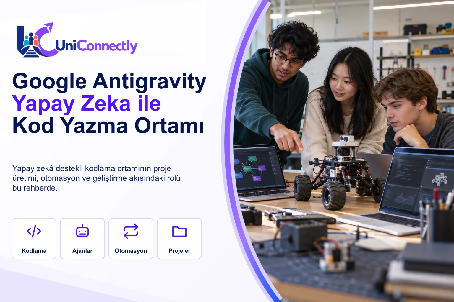 Google Antigravity Nedir · Google Antigravity kapak görseli: robot kiti ve dizüstü bilgisayarlarla proje geliştiren öğrenciler. Google Antigravity Nedir · Google Antigravity kapak görseli: robot kiti ve dizüstü bilgisayarlarla proje geliştiren öğrenciler