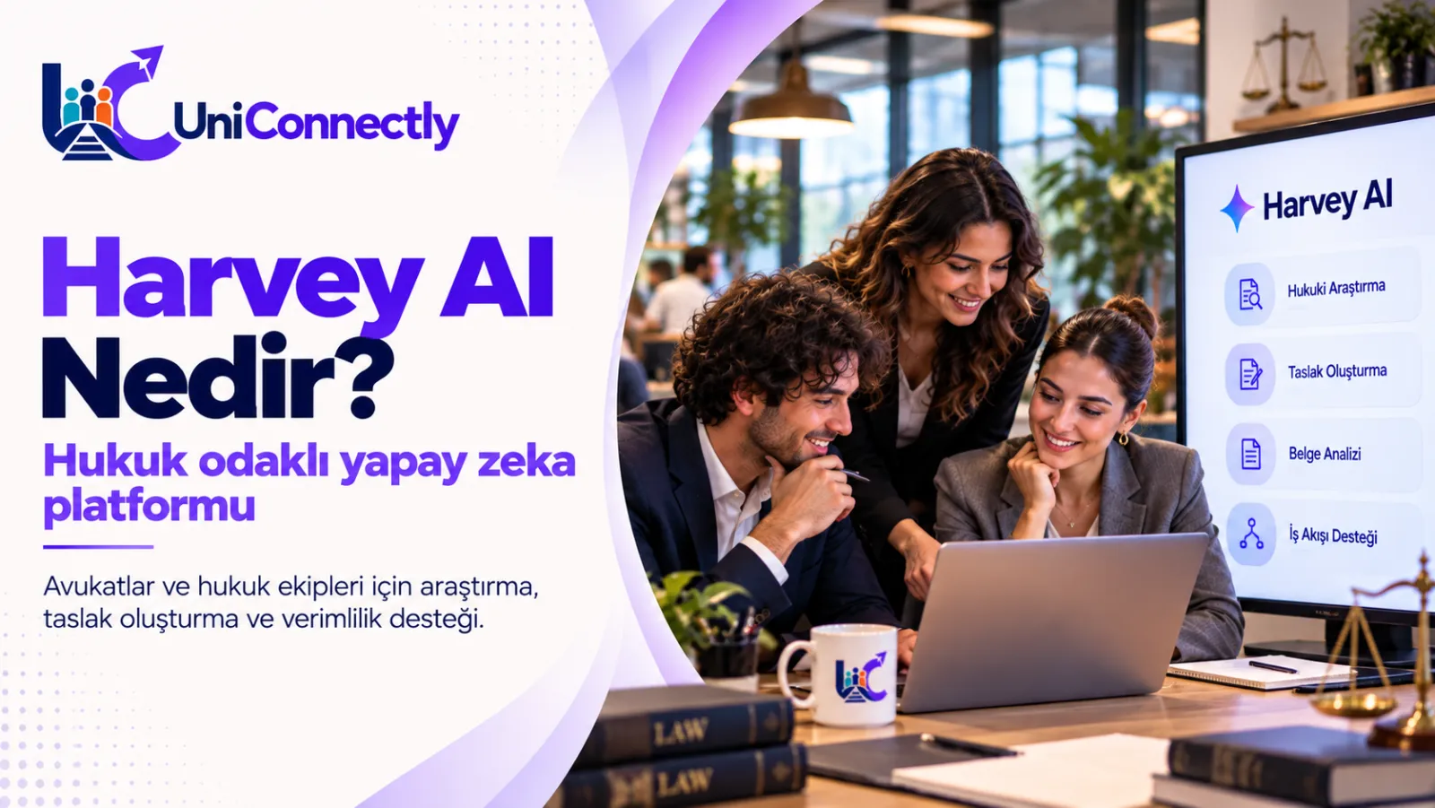 Harvey AI Nedir · Harvey AI kapak görseli: hukuk bürosunda dizüstü bilgisayar başında çalışan üç genç avukat, ekranda hukuki araştırma ve belge analizi