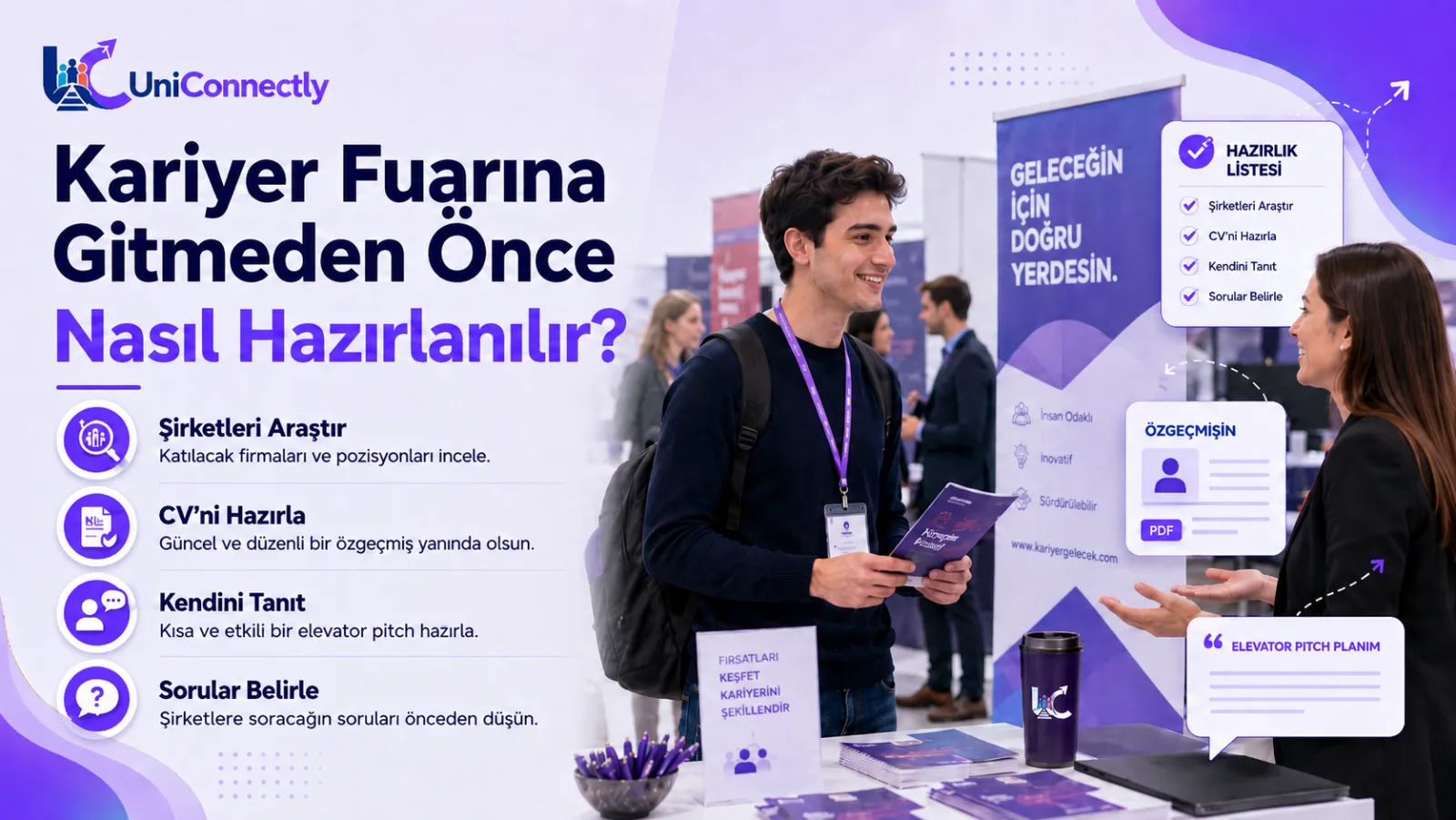 Kariyer Fuarına Nasıl Hazırlanılır? Otuz Saniyelik Tanıtım: Kariyer rehberi için UniConnectly kapak görseli. Kariyer Fuarına Nasıl Hazırlanılır? Otuz Saniyelik Tanıtım başlıklı kariyer konulu UniConnectly blog kapağı: Fuar iş bulma değil tanışma yeri. Şirket…