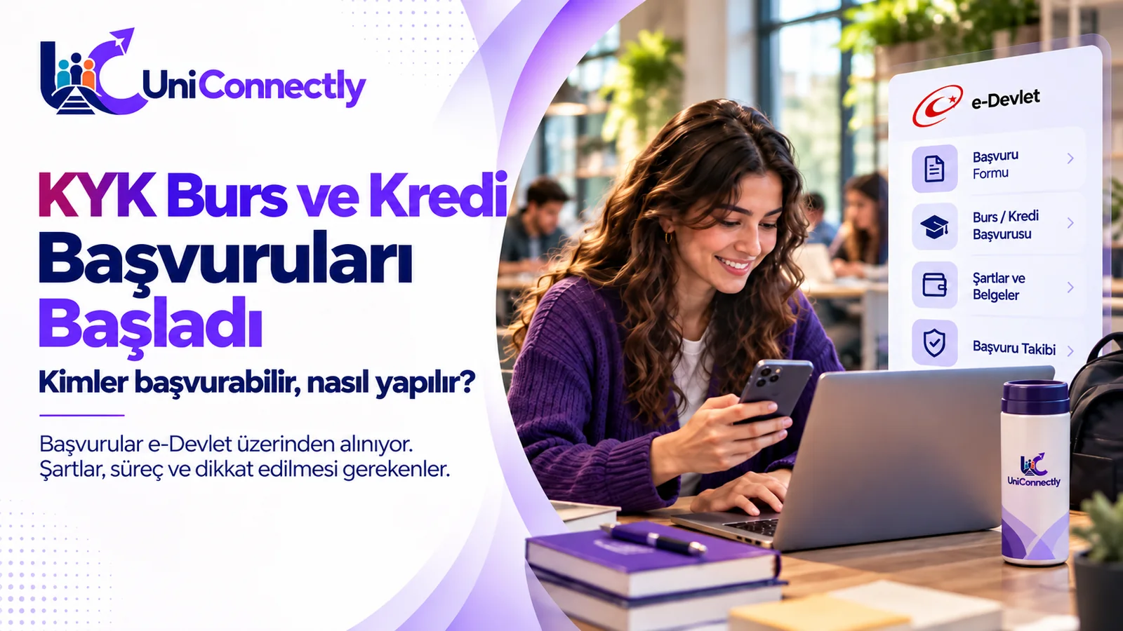 KYK Burs ve Kredi Başvuruları 2026-2027 · KYK burs ve kredi başvuruları başladı kapak görseli: dizüstü bilgisayar başında telefonuna bakan üniversite…