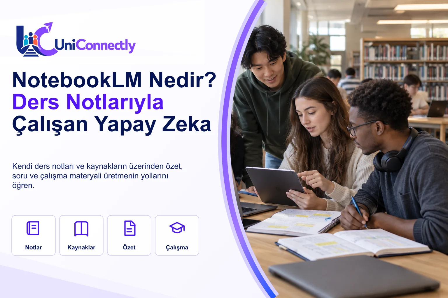 NotebookLM Nedir · NotebookLM kapak görseli: kütüphanede ders notları ve tabletle birlikte çalışan öğrenciler. NotebookLM Nedir · NotebookLM kapak görseli: kütüphanede ders notları ve tabletle birlikte çalışan öğrenciler
