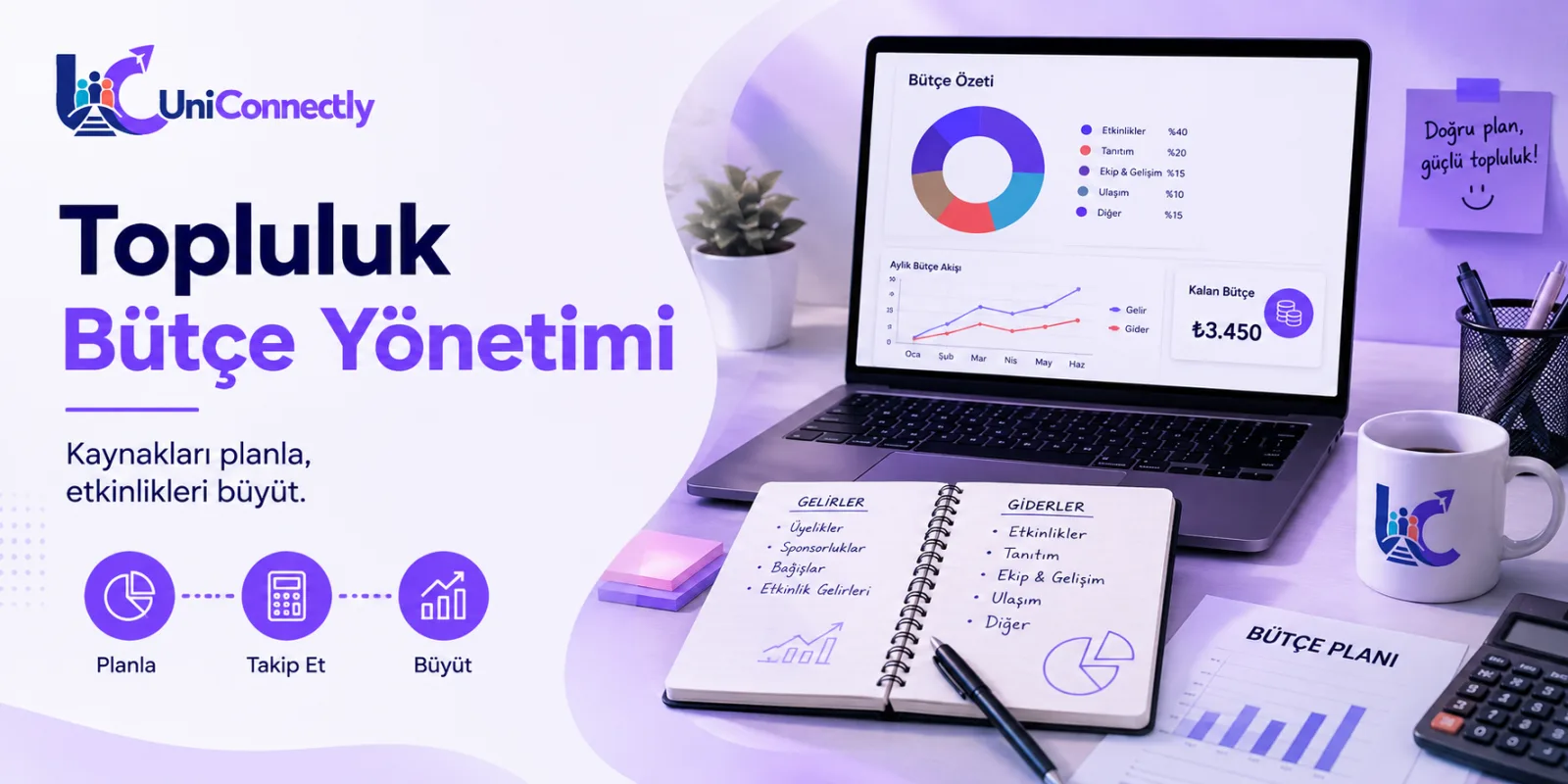 Topluluk Bütçe Yönetimi: Tek Tablo, İki Kural: Topluluk rehberi için UniConnectly kapak görseli. Topluluk Bütçe Yönetimi: Tek Tablo, İki Kural başlıklı topluluk konulu UniConnectly blog kapağı: Gelir ve gider kalemleri, dönem bütçesinde zorunlu/iyi olur…