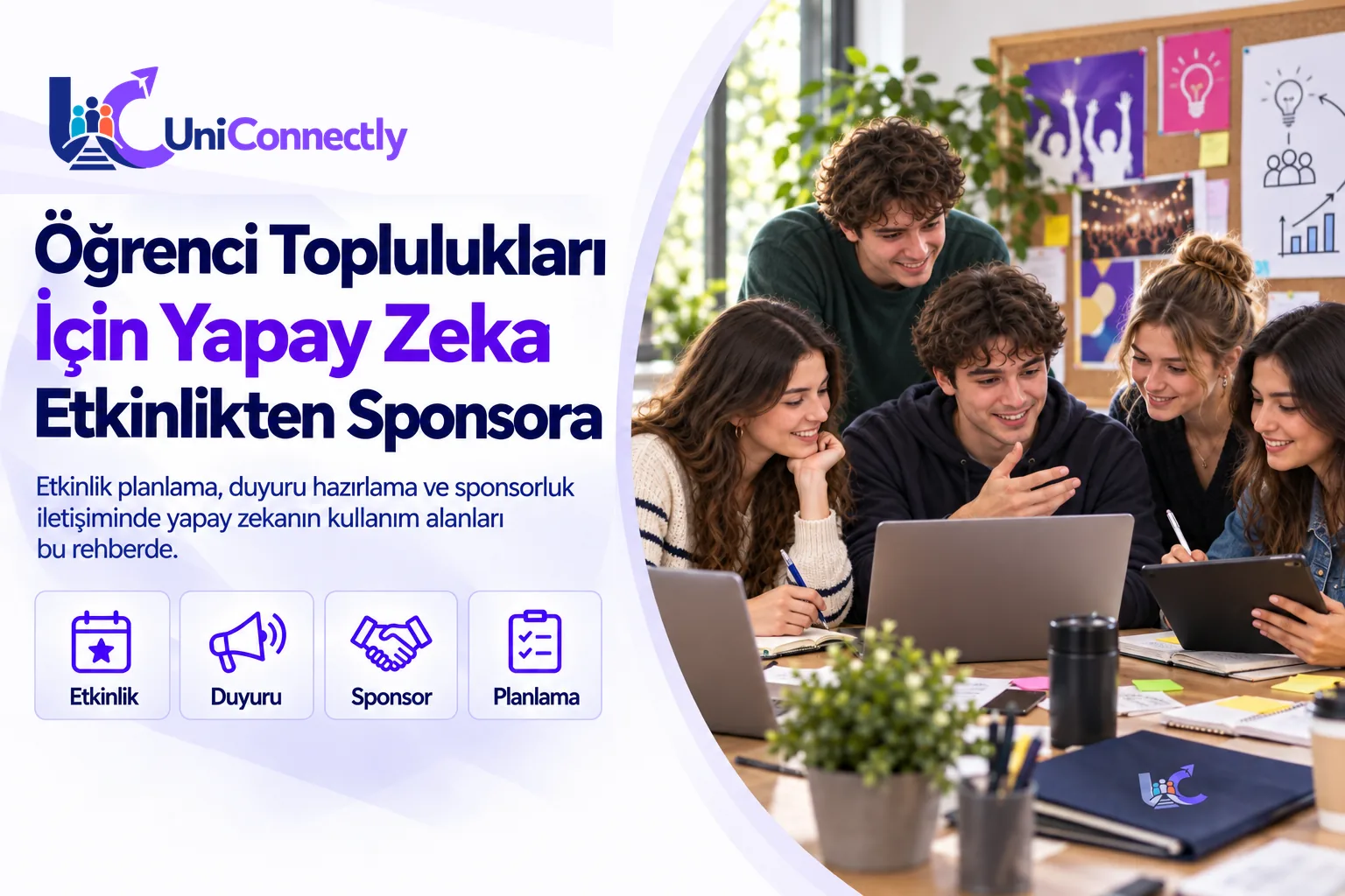 Öğrenci toplulukları için yapay zeka kapak görseli: afişlerle dolu duvarın önünde etkinlik planlayan topluluk üyeleri. Öğrenci toplulukları için yapay zeka kapak görseli: afişlerle dolu duvarın önünde etkinlik planlayan topluluk üyeleri