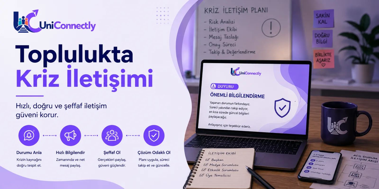 Toplulukta Kriz İletişimi: İlk Bir Saat ve Doğru Açıklama başlıklı topluluk konulu UniConnectly blog kapağı: Kriz ile sıradan sorunu ayırmak, ilk saatte bilgi…