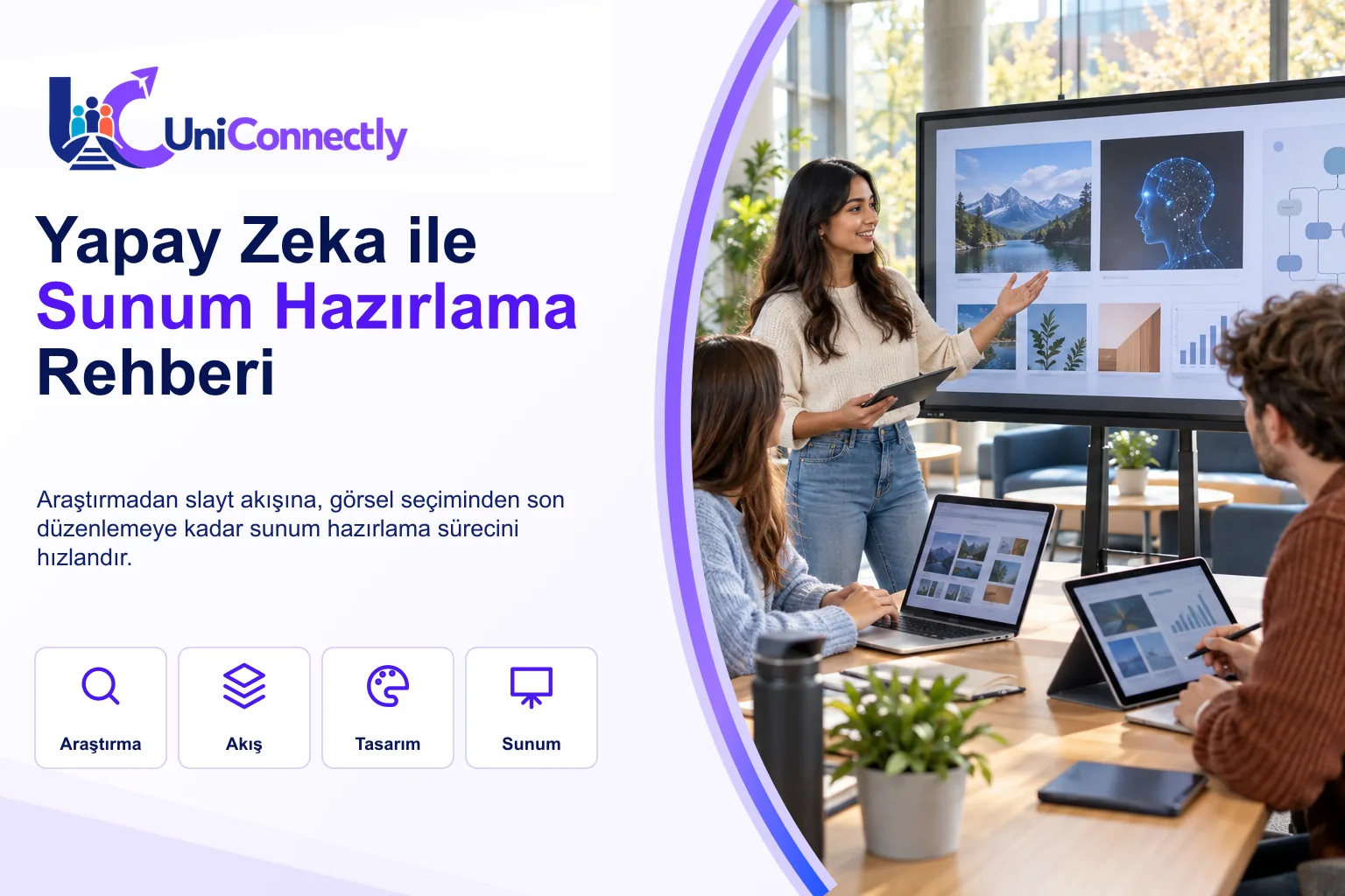 Yapay Zeka ile Sunum Hazırlama Rehberi · Yapay zeka ile sunum hazırlama kapak görseli: büyük ekrandaki slaytları arkadaşlarına anlatan… Yapay Zeka ile Sunum Hazırlama Rehberi · Yapay zeka ile sunum hazırlama kapak görseli: büyük ekrandaki slaytları arkadaşlarına anlatan öğrenci