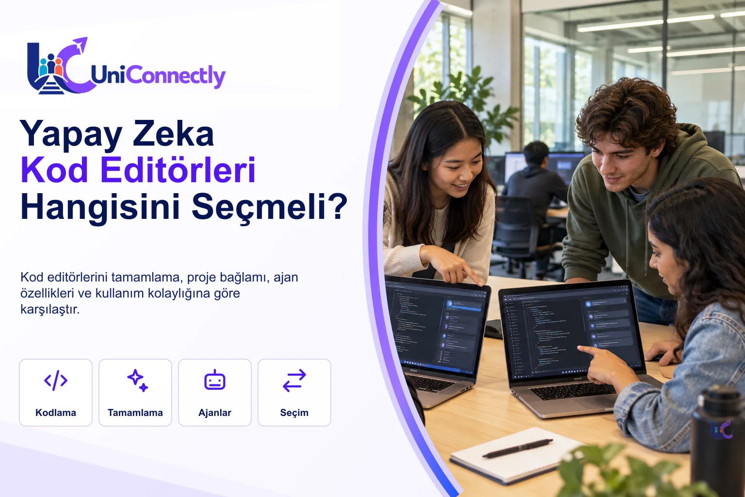 Yapay zeka kod editörleri kapak görseli: yan yana dizüstü bilgisayarlarda kodları karşılaştıran öğrenciler. Yapay zeka kod editörleri kapak görseli: yan yana dizüstü bilgisayarlarda kodları karşılaştıran öğrenciler